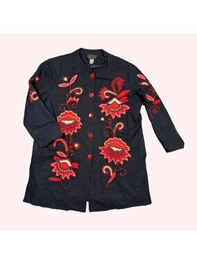 Vintage Alex Kim Black Embroidered Jacket Womens Floral Red Button Front Coat